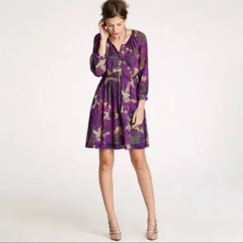 J.Crew 100% Silk Maisie Shirt Dress in Abstract Floral Purple Raw Edge Trim 2